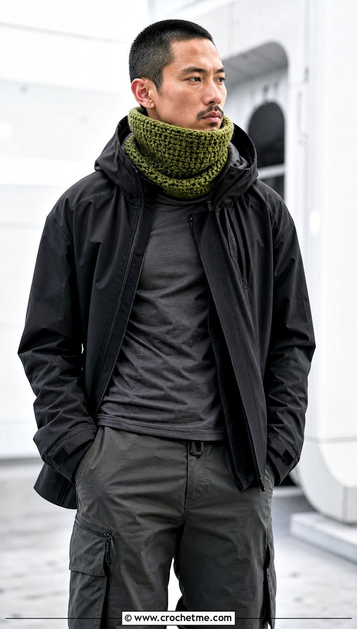 Snood Crochet Cowl With Techwear Jacket - 30 crochet cowl for men outfit ideas