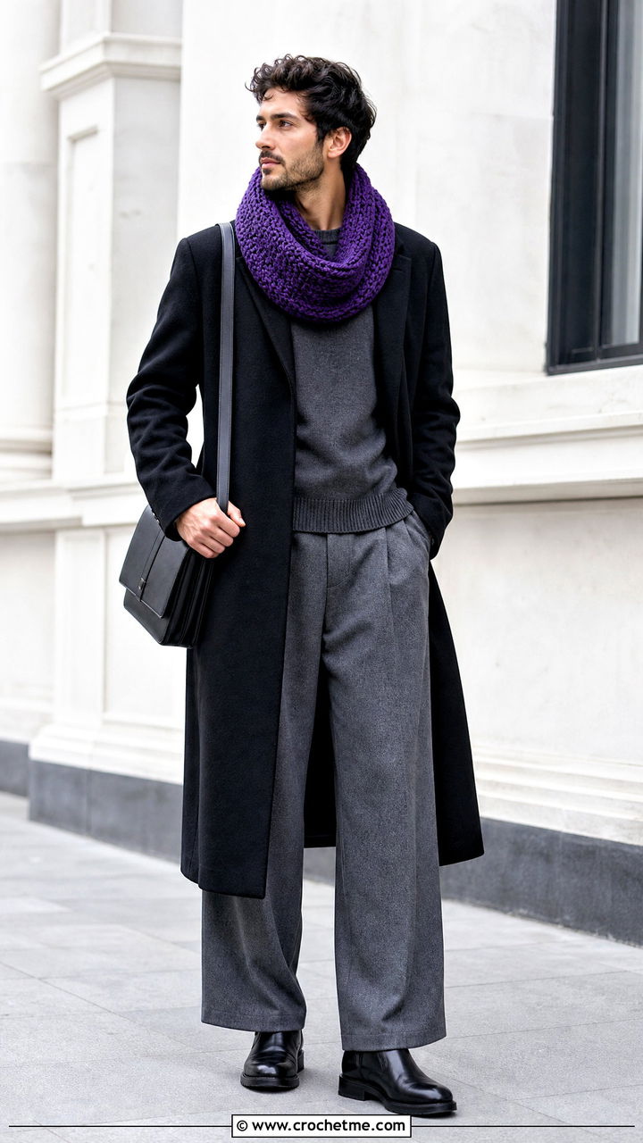 Snood Crochet Scarf With Long Overcoat - 35 crochet scarf for men outfit ideas
