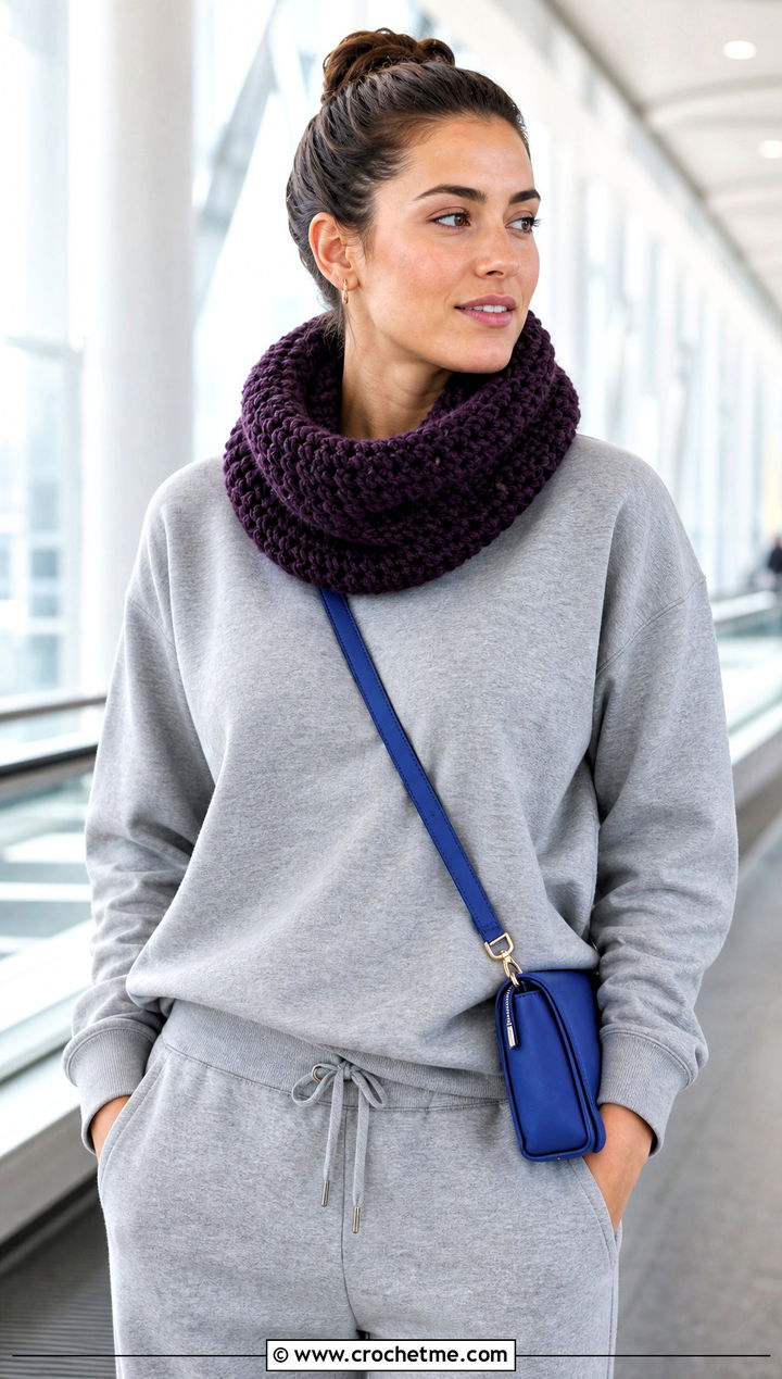 Snood Crochet Scarf With Sweatshirt - 25 Crochet For Beginners Scarf outfit ideas