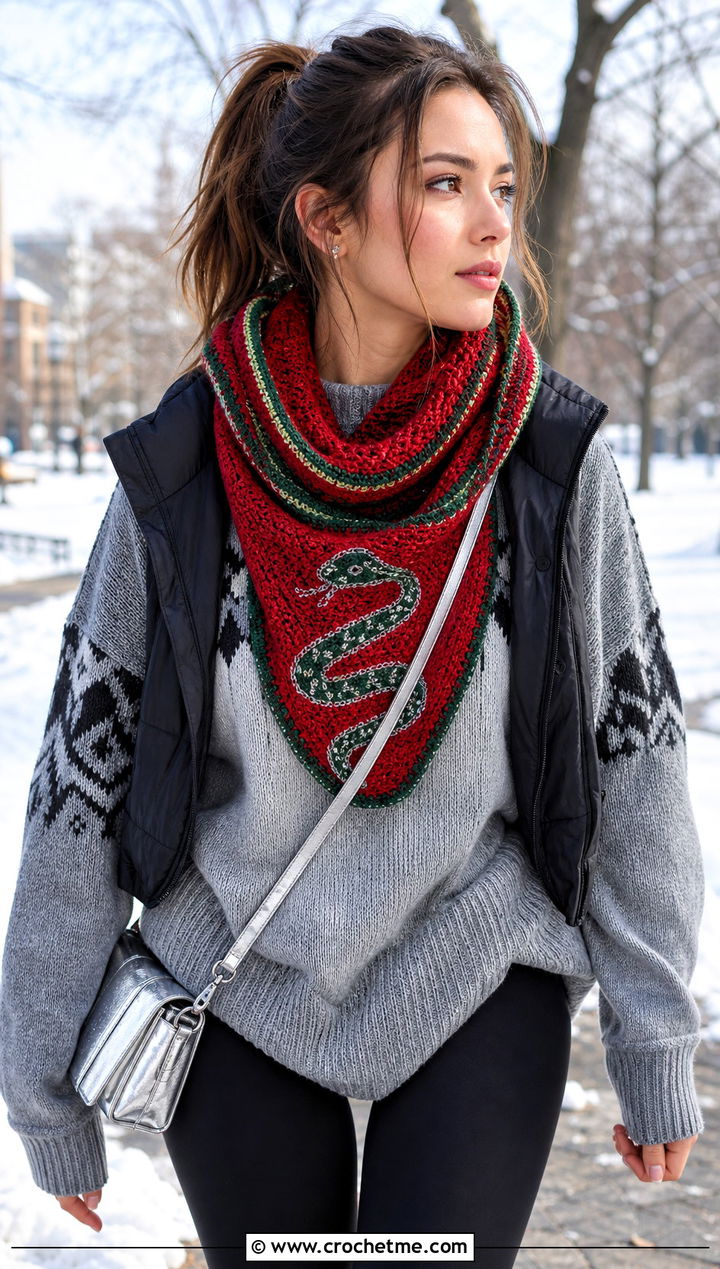 Snood Slytherin Crochet Scarf With Stirrup Leggings - 30 slytherin crochet scarf outfit ideas