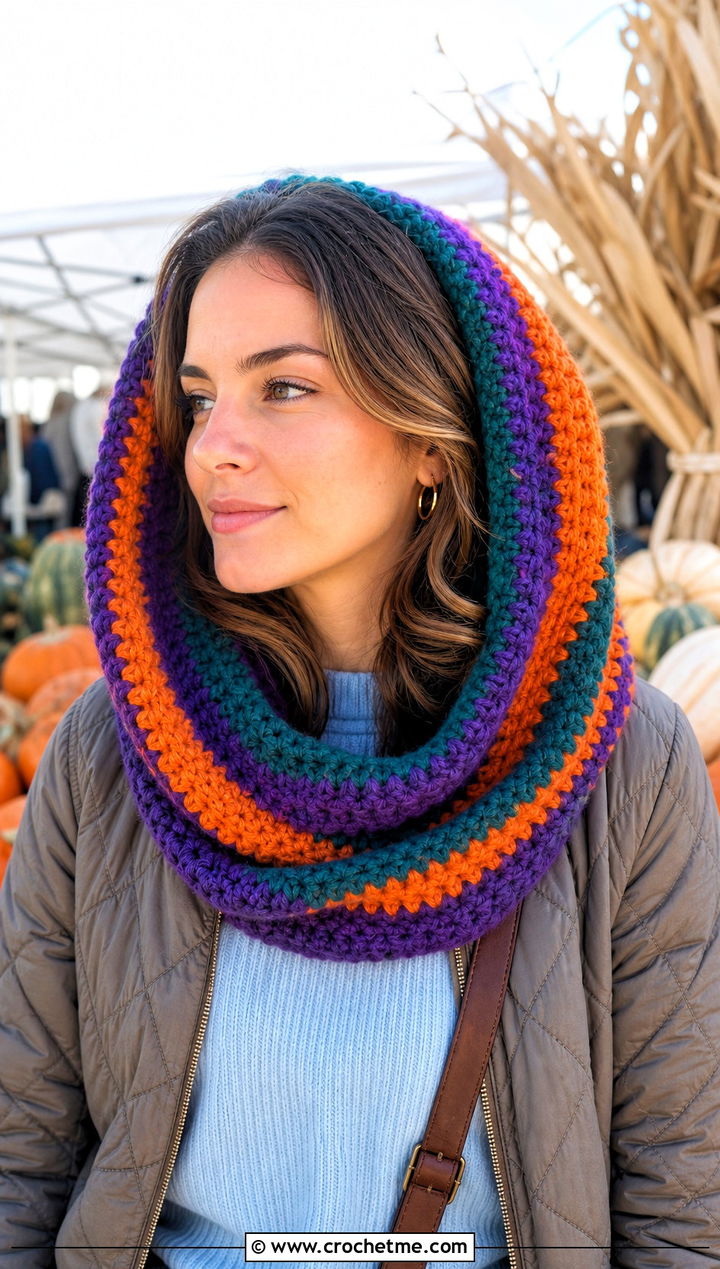 Snood Striped Crochet Cowl With Quilted Jacket - 15 striped crochet cowl outfit ideas
