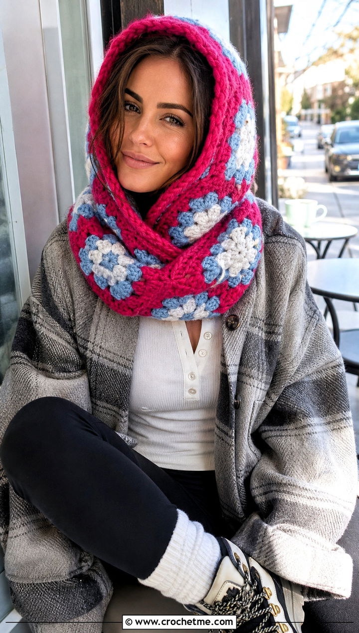 Snood Style Granny Square Crochet Hooded Scarf With Shacket - 30 Granny Square Crochet Hooded Scarf outfit ideas