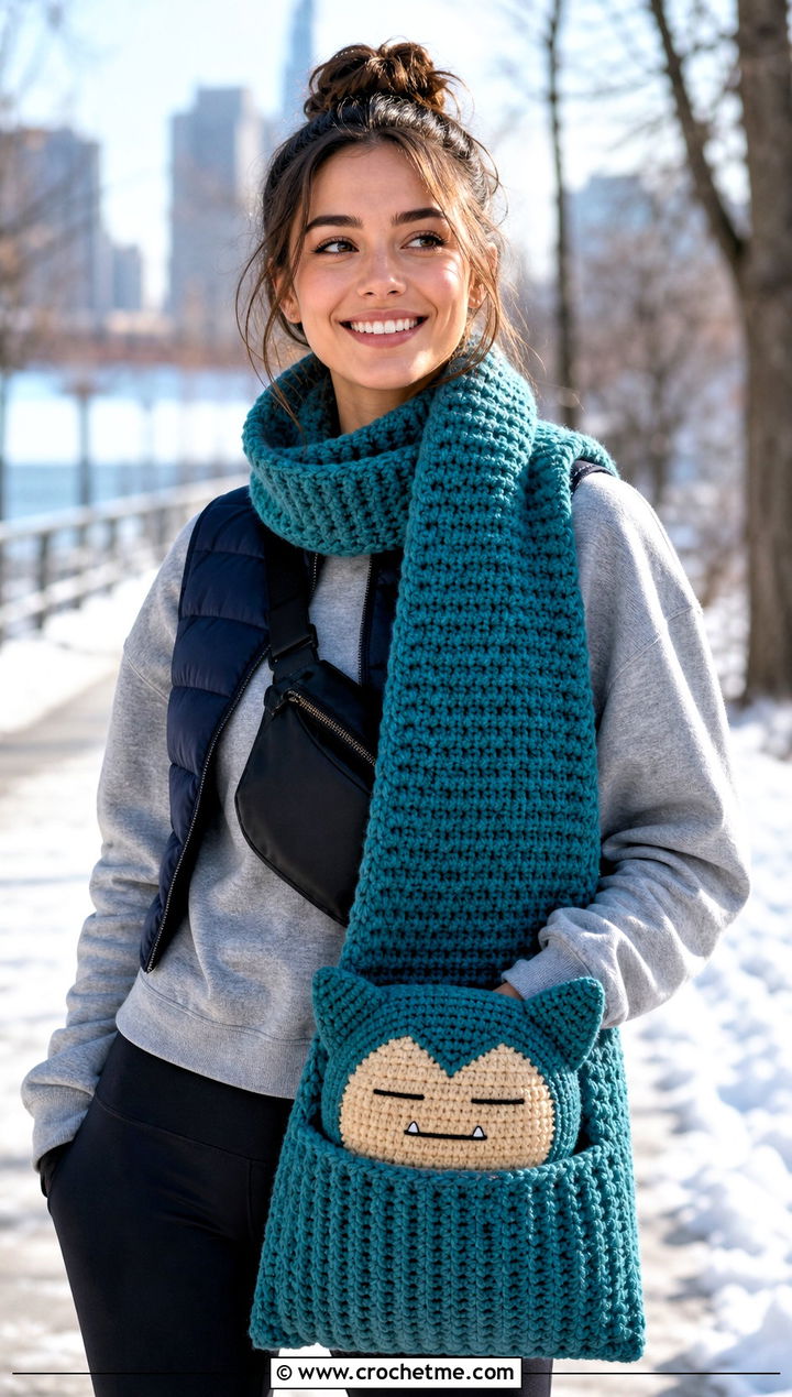 Snorlax Pocket Scarf With Puffer Vest - 25 Crochet Pokemon Scarf outfit ideas