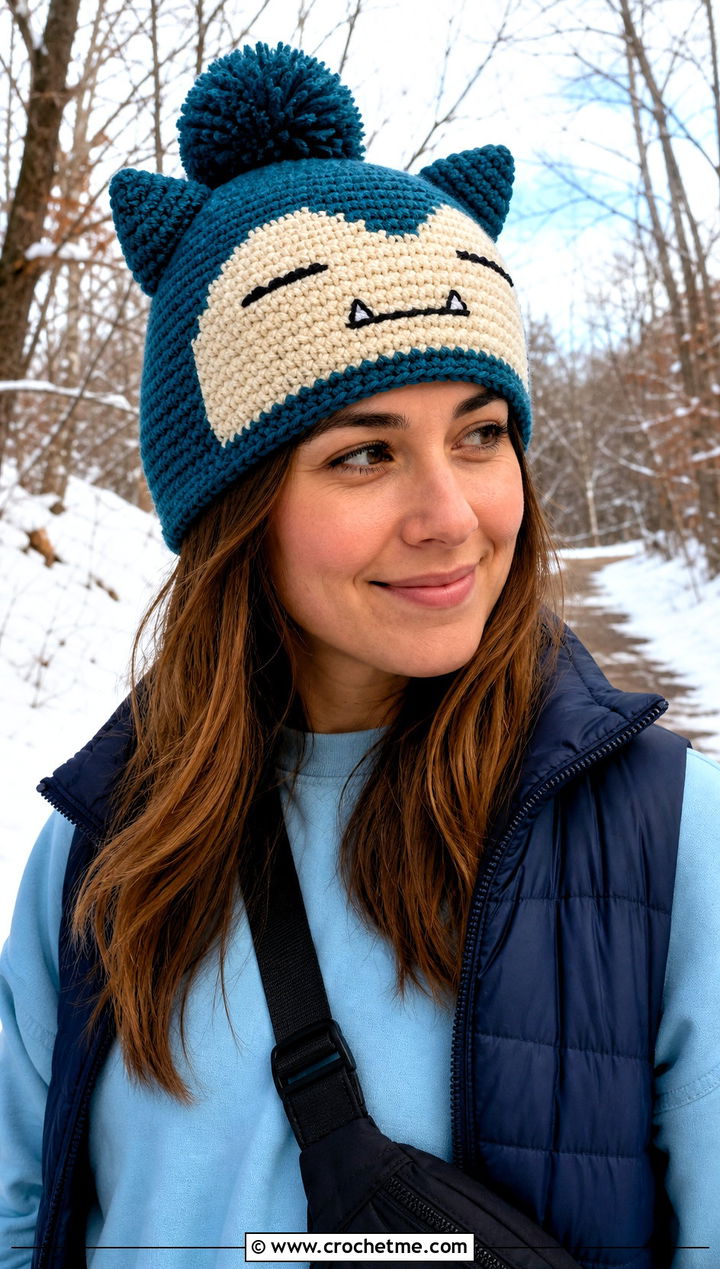 Snorlax Pom Pom Beanie With Puffer Vest - 30 crochet pokemon beanie outfit ideas