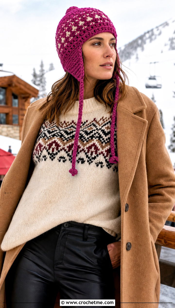 Snow Country Crochet Ski Hat With Fair Isle Sweater And Leather Pants - 15 snow country crochet ski hat outfit ideas