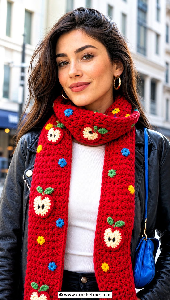 Snow White Apple Crochet Scarf With Leather Jacket - 20 Crochet Disney Scarf outfit ideas