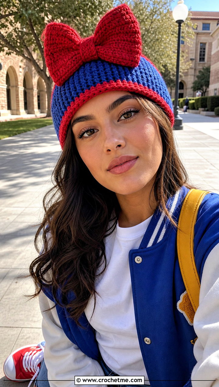 Snow White Bow Beanie With Varsity Jacket - 25 Crochet Disney Beanie outfit ideas