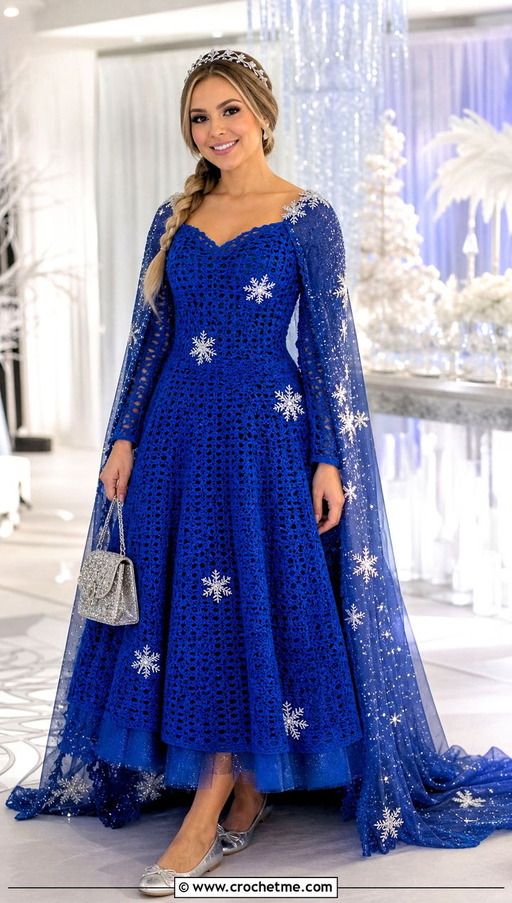 Snowflake Cape Crochet Elsa Dress With Silver Ballet Flats - 30 crochet elsa dress outfit ideas