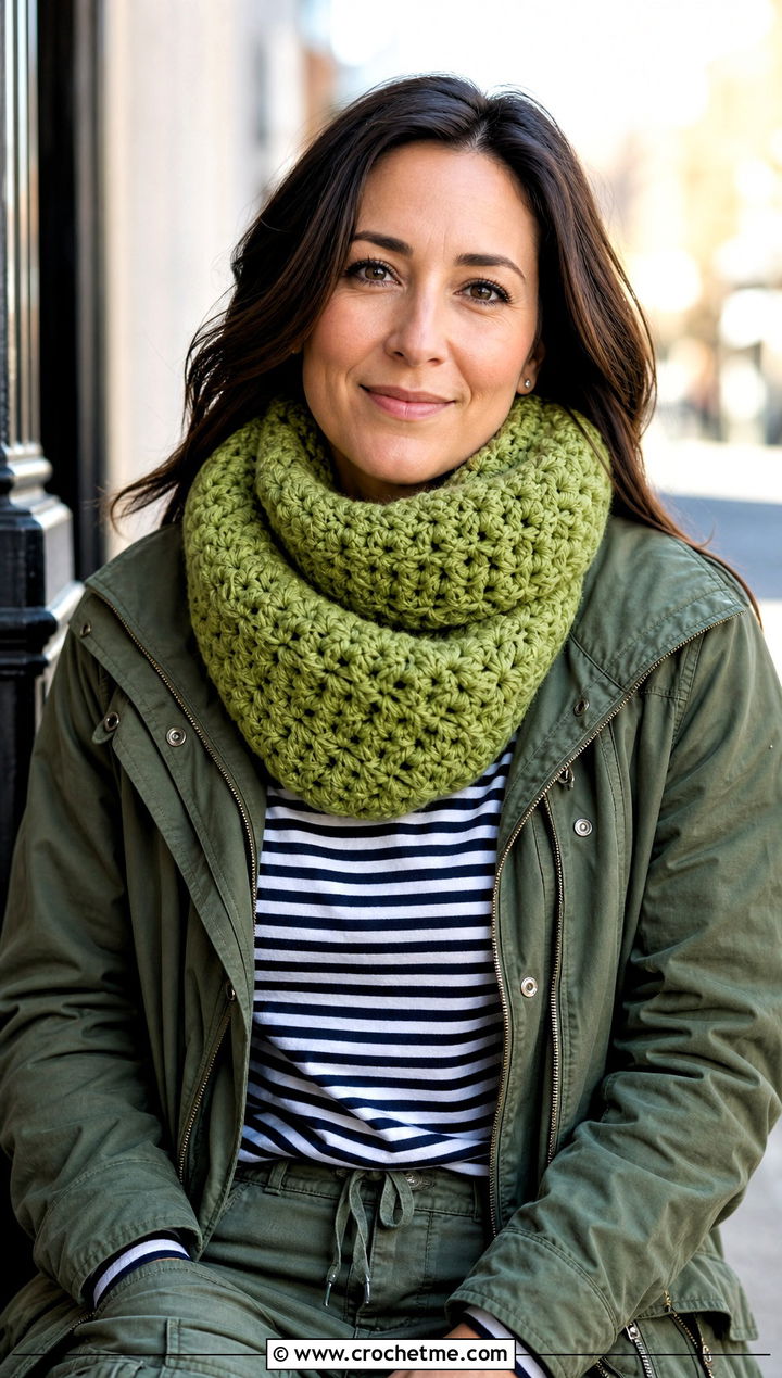 Snowflake Cowl Crochet Scarf With Utility Jacket - 25 Snowflake Crochet Scarf outfit ideas