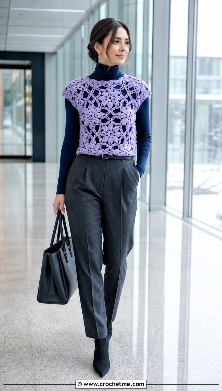 Snowflake Crochet Motif Top With Turtleneck And Wool Trousers - 30 crochet motif top outfit ideas