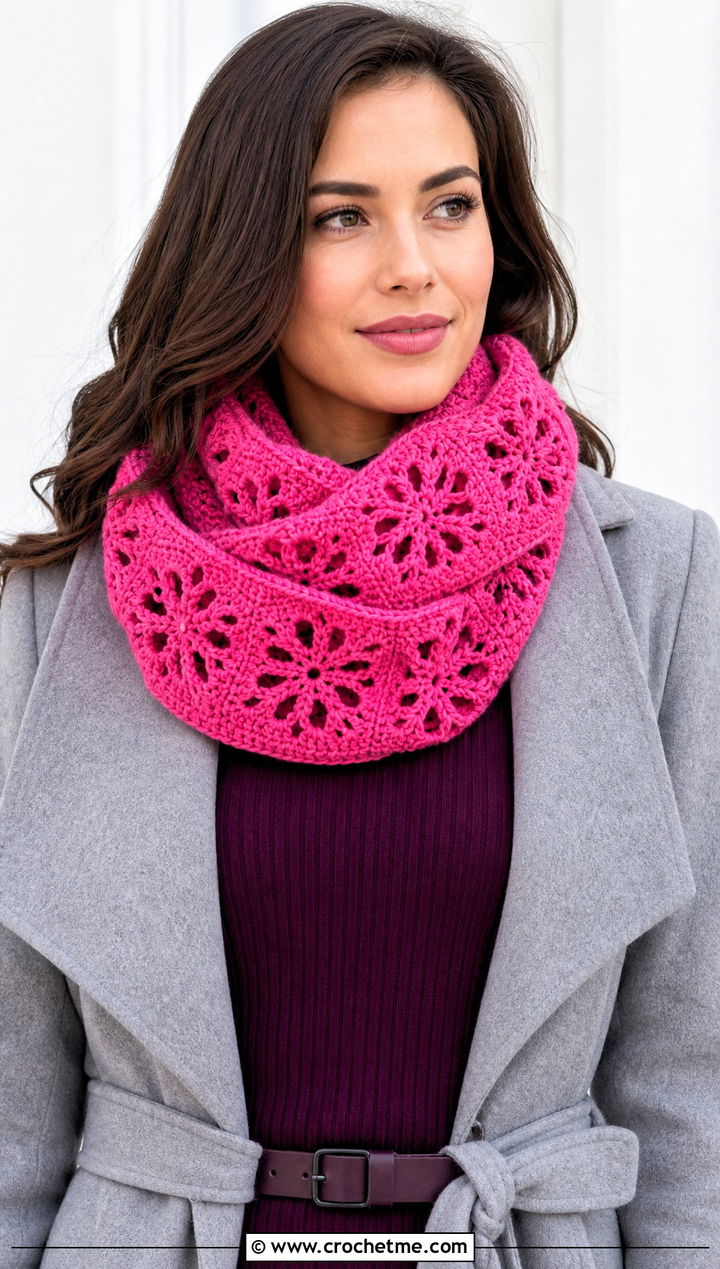 Snowflake Infinity Crochet Scarf With Sweater Dress - 25 Snowflake Crochet Scarf outfit ideas