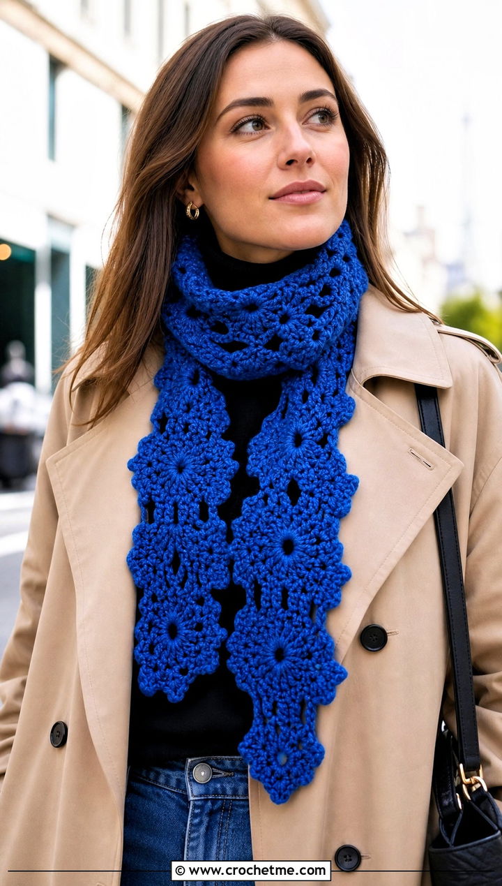 Snowflake Keyhole Crochet Scarf With Trench Coat - 25 Snowflake Crochet Scarf outfit ideas