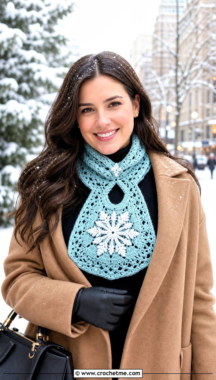 Snowflake Keyhole Scarf With Wool Coat - 15 Crocheted Keyhole Scarf outfit ideas