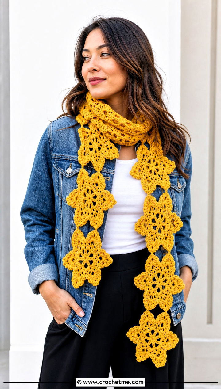 Snowflake Motif Crochet Scarf With Denim Jacket - 25 Snowflake Crochet Scarf outfit ideas