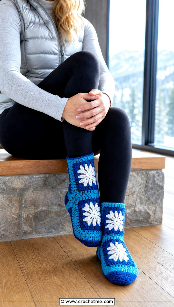 Snowflake Motif Granny Square Slipper Socks With A Puffer Vest And Thermals - 15 Granny Square Slipper Socks outfit ideas