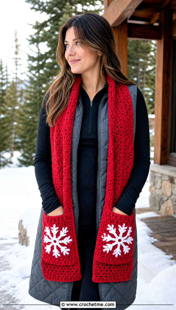 Snowflake Pocket Crochet Scarf With Leggings - 25 Snowflake Crochet Scarf outfit ideas