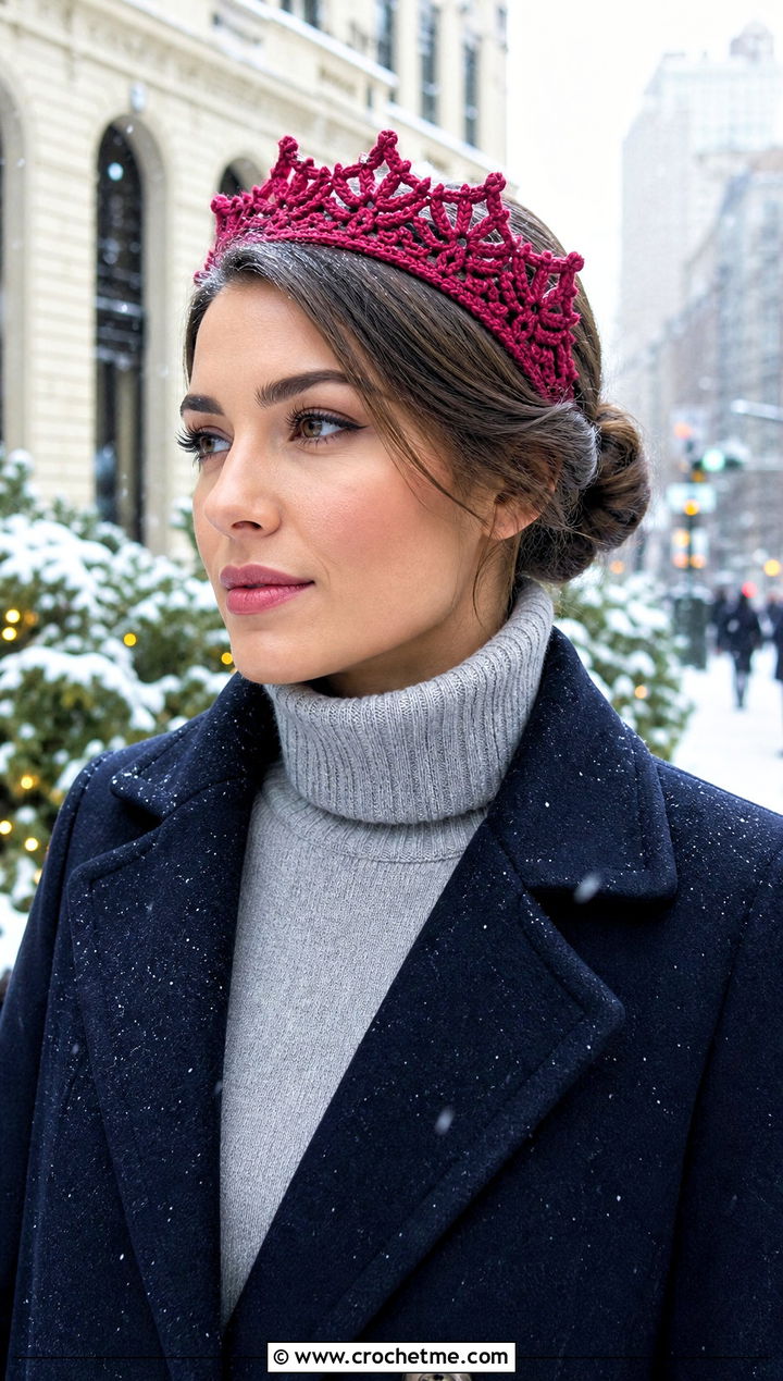 Snowflake Point Crochet Tiara Headband With Wool Coat - 30 crochet tiara headband outfit ideas