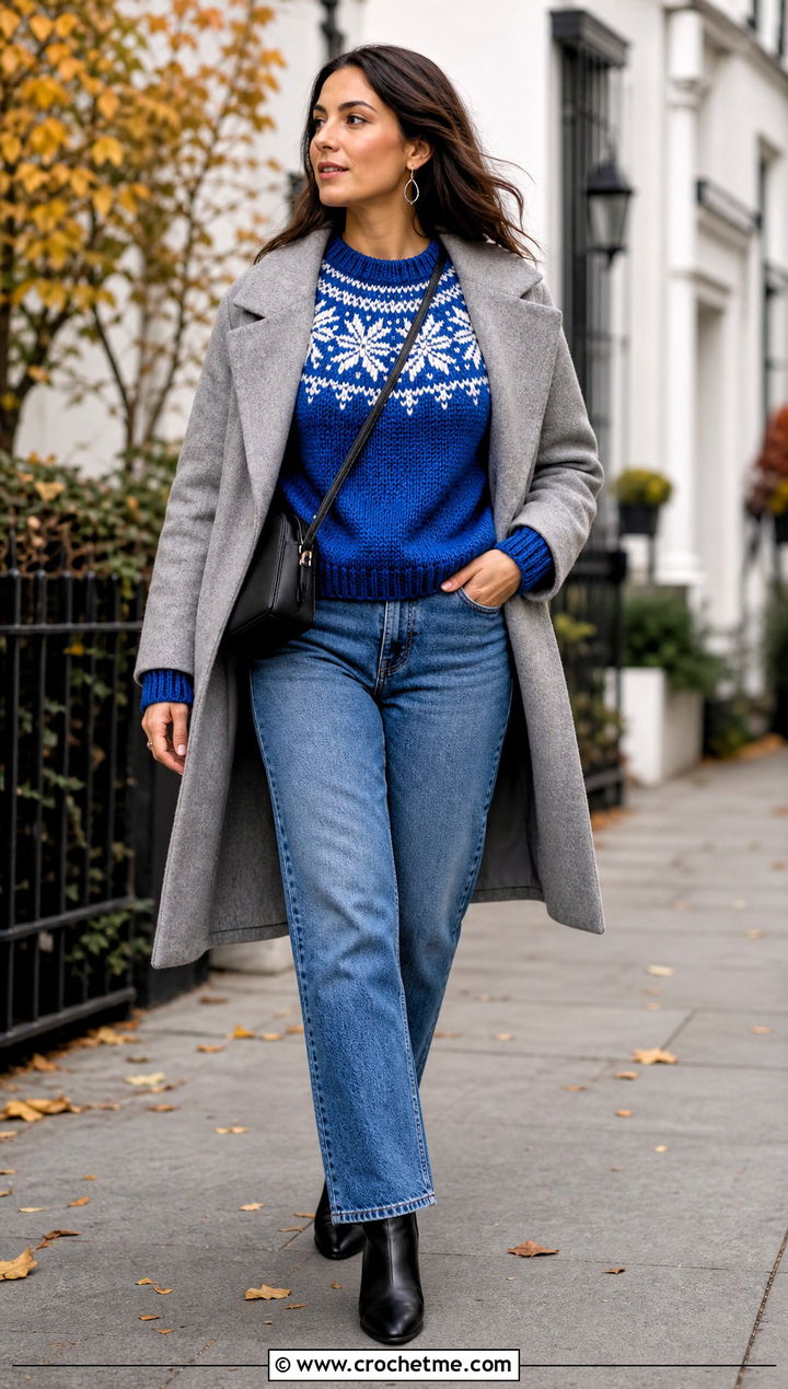Snowflake Yoke Nordic Crochet Sweater With Straight Jeans - 25 nordic crochet sweater outfit ideas