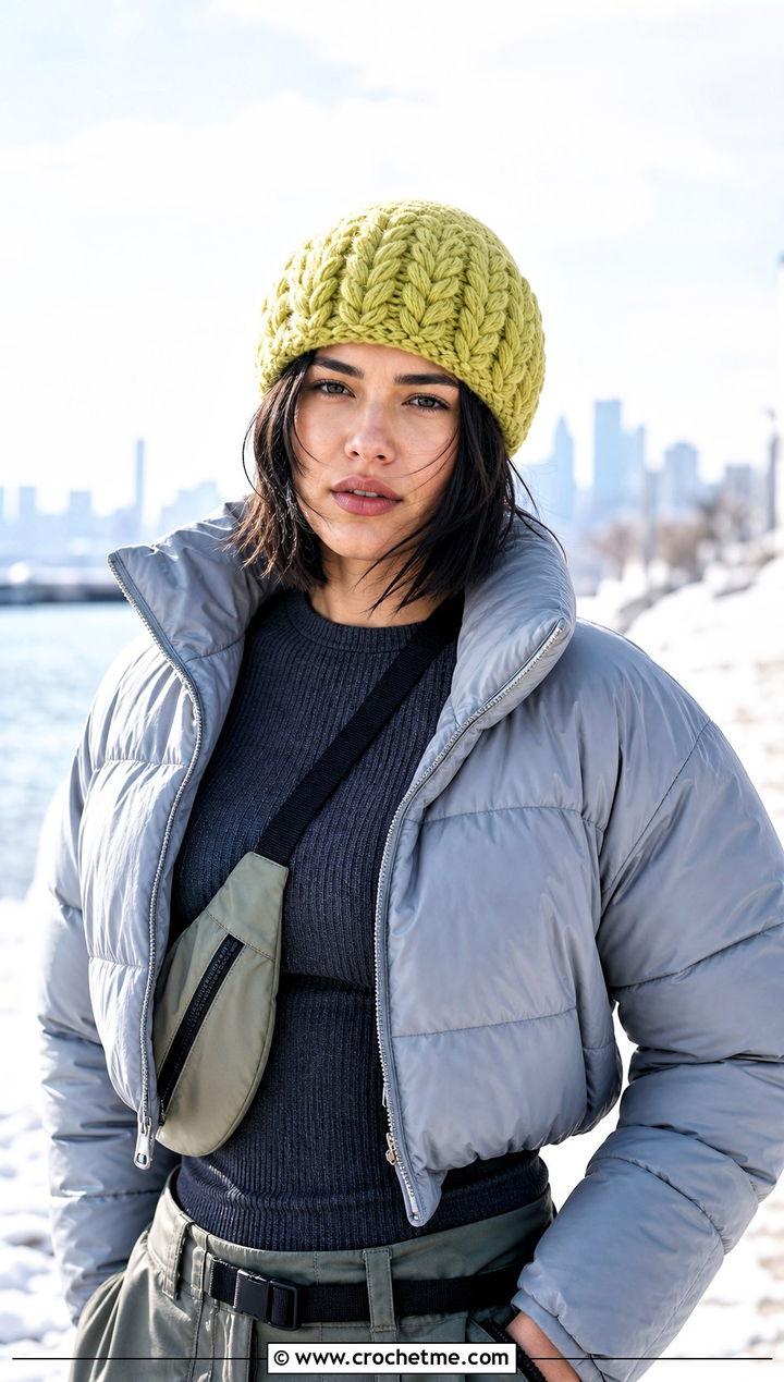 Snowy Wheat Brimless Crochet Hat With Puffer Jacket And Cargo Pants - 20 Snowy Wheat Crochet Hat outfit ideas