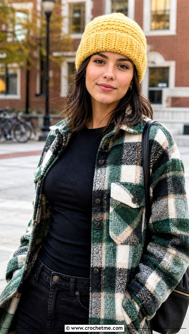 Snowy Wheat Cuffed Crochet Hat With Plaid Shacket And Black Jeans - 20 Snowy Wheat Crochet Hat outfit ideas