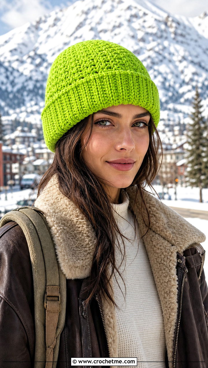 Snowy Wheat Fold Up Brim Crochet Hat With Shearling Jacket - 20 Snowy Wheat Crochet Hat outfit ideas