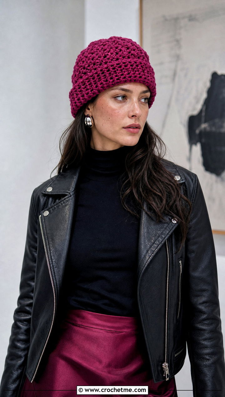 Snowy Wheat Folded Brim Crochet Hat With Leather Jacket And Satin Skirt - 20 Snowy Wheat Crochet Hat outfit ideas