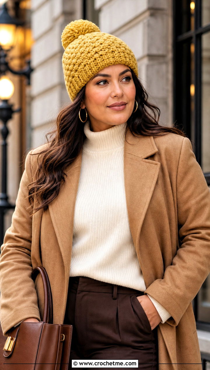 Snowy Wheat Pom Pom Crochet Hat With Camel Coat And Trousers - 20 Snowy Wheat Crochet Hat outfit ideas