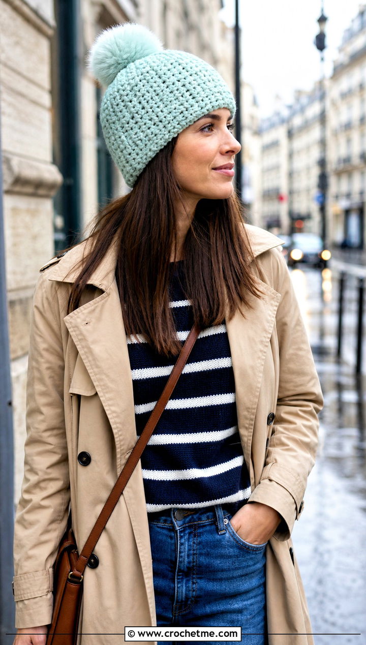 Snowy Wheat Pom Pom Crochet Hat With Trench Coat And Striped Sweater - 20 Snowy Wheat Crochet Hat outfit ideas