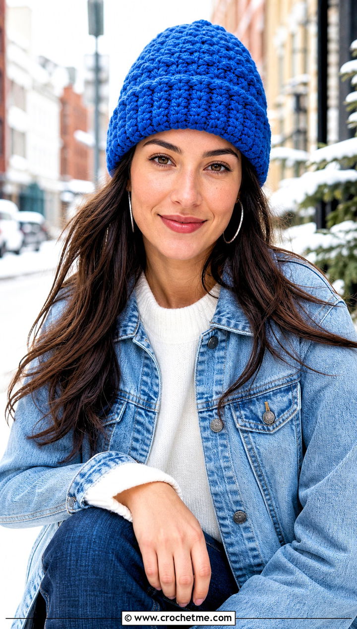 Snowy Wheat Puff Crochet Hat With Denim Jacket And Jeans - 20 Snowy Wheat Crochet Hat outfit ideas
