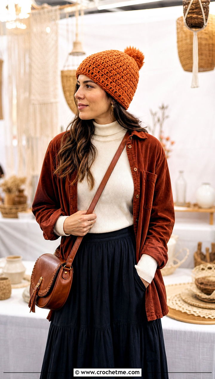 Snowy Wheat Textured Crochet Hat With Corduroy Shirt And Maxi Skirt - 20 Snowy Wheat Crochet Hat outfit ideas