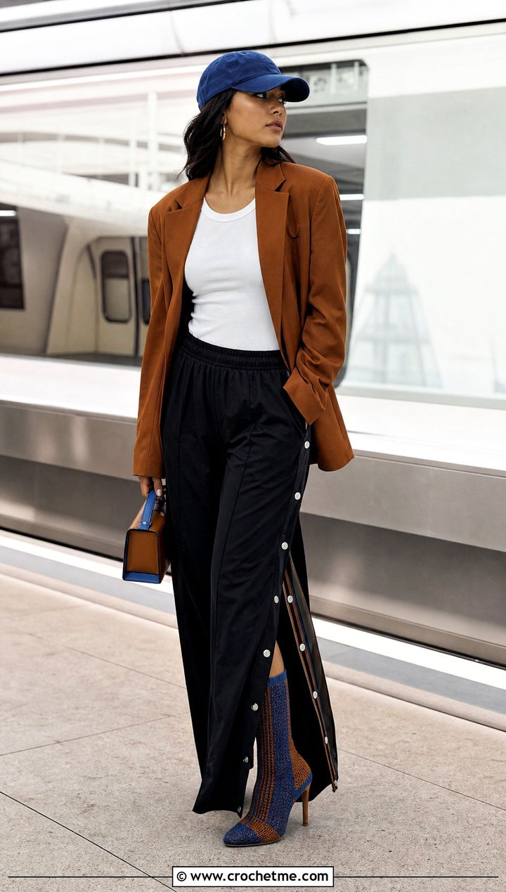 Sock Style Crochet Boots With Track Pants And Blazer - 15 Blue And Brown Crochet Boots outfit ideas