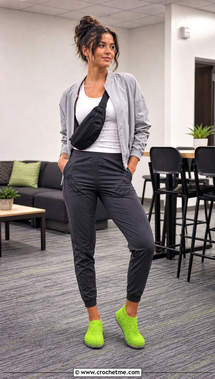 Sock Style Crocheted Slippers With Joggers and a Bomber Jacket - 35 crocheted slippers outfit ideas