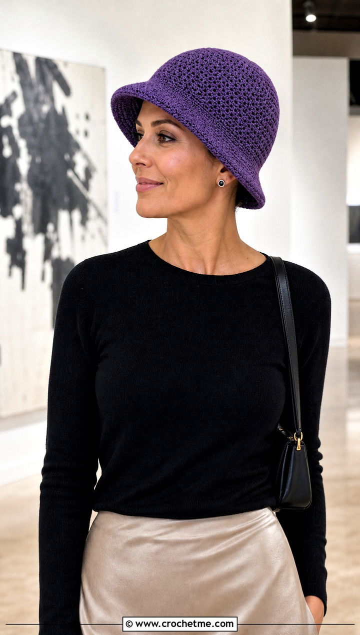 Soft Brim Crochet Chemo Cloche With Satin Midi Skirt - 30 crochet chemo hat outfit ideas