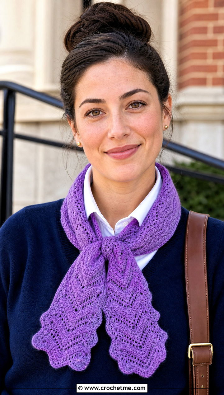 Soft Crochet Chevron Scarf With Preppy Sweater - 20 Crochet Zig Zag Scarf outfit ideas