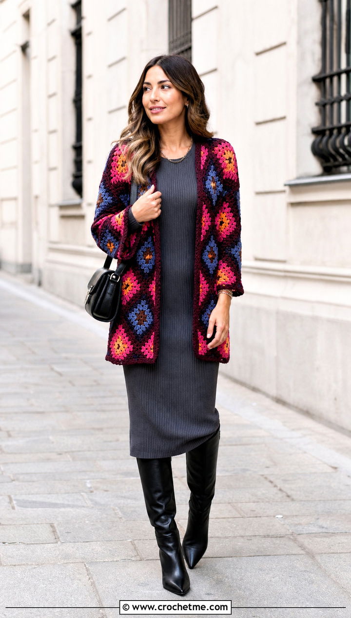 Soft Drape Howls Crochet Jacket With Knit Dress - 25 Howl's Crochet Jacket outfit ideas