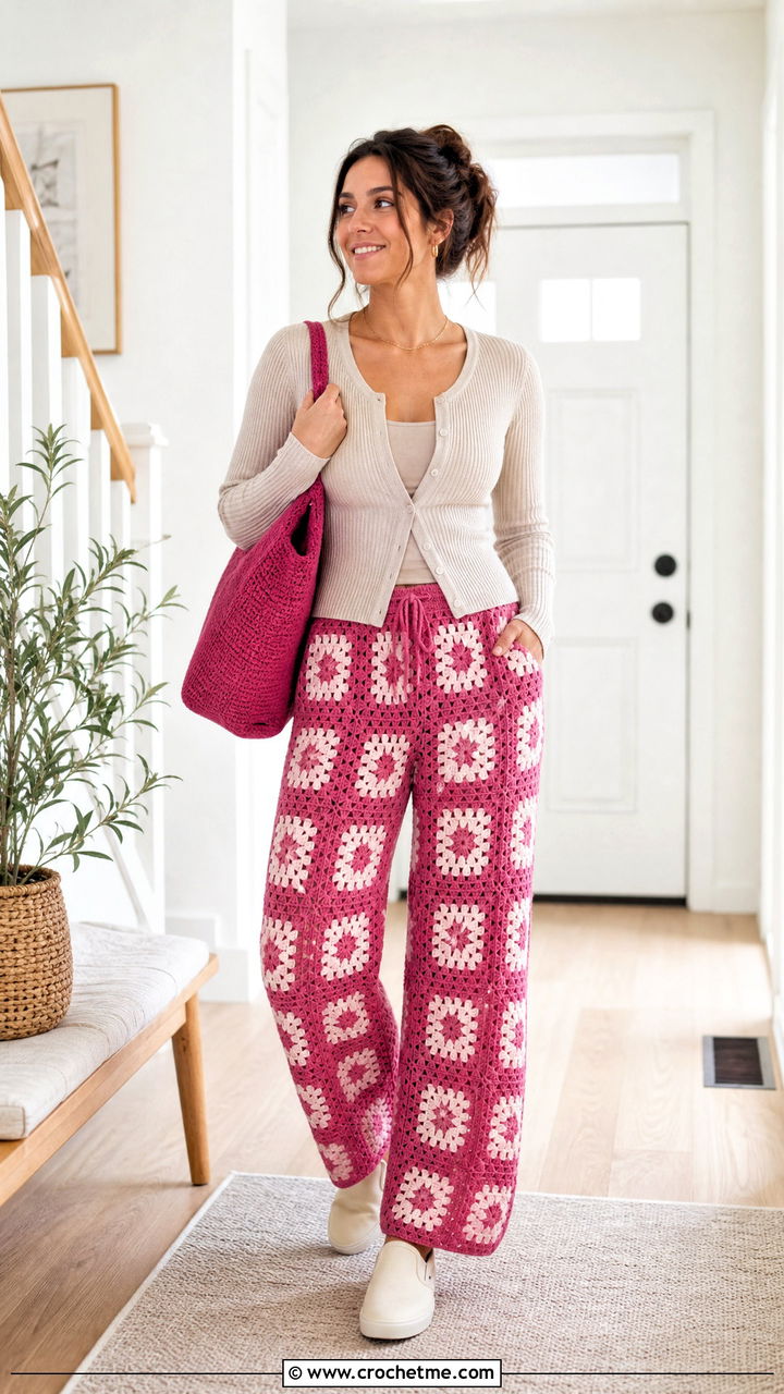 Soft Granny Square Lounge Pants With Ribbed Cardigan - 35 granny square pants outfit ideas