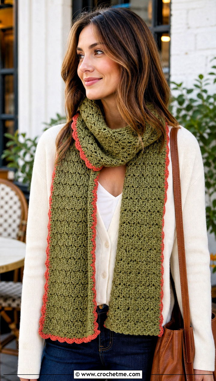Soft Olive Shell Stitch Crochet Scarf With Cardigan And Jeans - 15 neutral tone crochet scarf outfit ideas