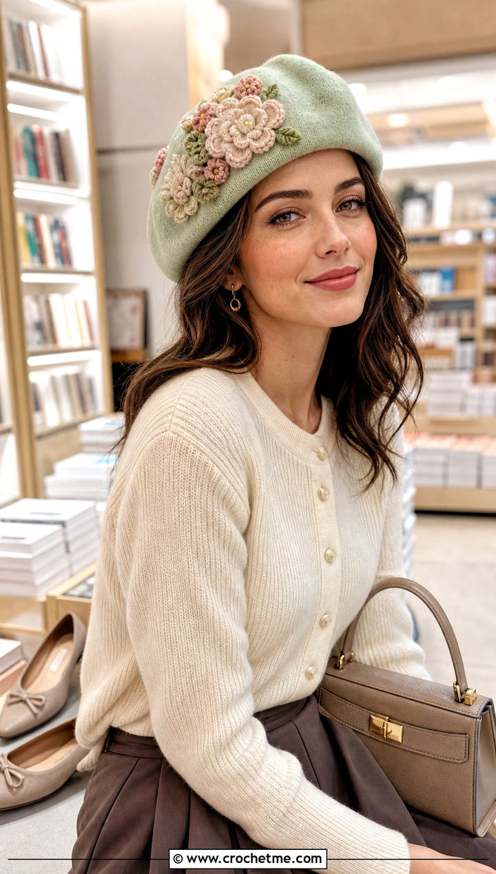 Soft Tulip Beret With Cardigan And Pleated Trousers - 30 crochet tulip hat outfit ideas