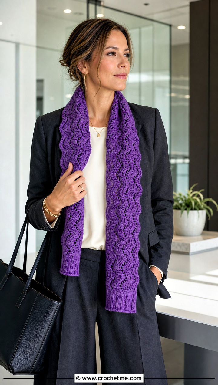 Soft Wave Ripple Stitch Crochet Scarf With Workwear Suit - 15 ripple stitch crochet scarf outfit ideas