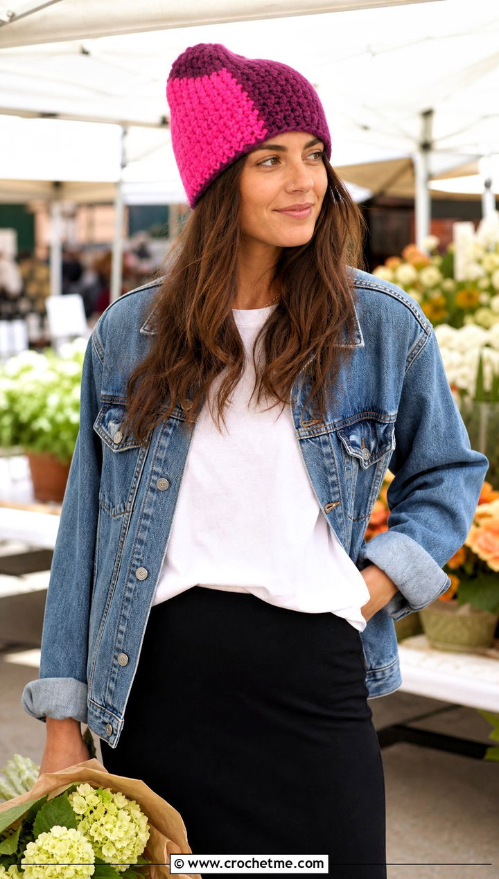 Softee Chunky Color Block Beanie With Denim Jacket and Maxi Skirt - 15 Softee Chunky Crochet Hat outfit ideas