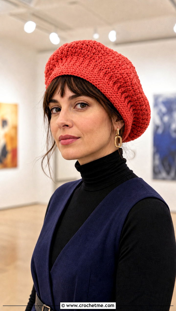 Softee Chunky Crochet Beret With Turtleneck and Tailored Midi Dress - 15 Softee Chunky Crochet Hat outfit ideas
