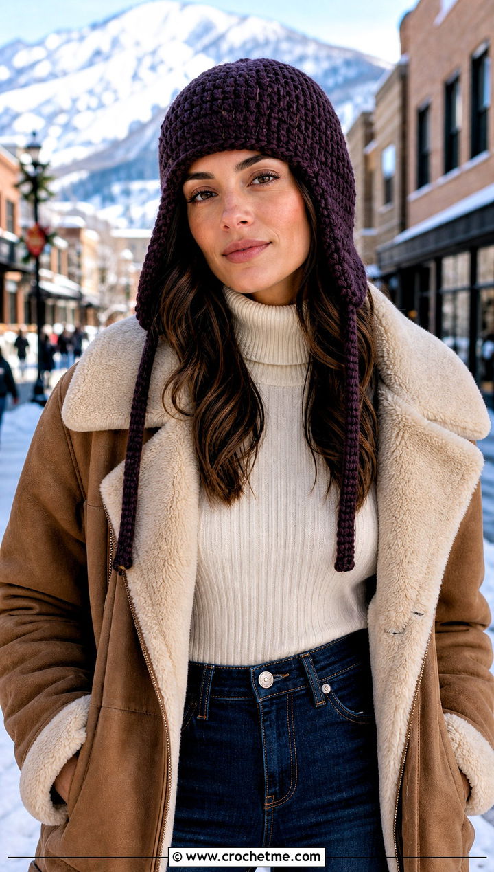 Softee Chunky Earflap Hat With Shearling Jacket and Flared Jeans - 15 Softee Chunky Crochet Hat outfit ideas