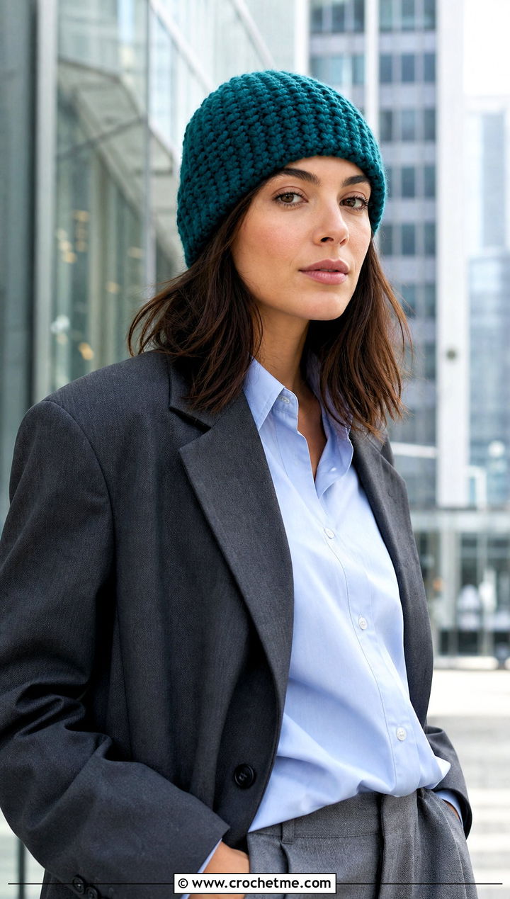 Softee Chunky Fisherman Beanie With Blazer and Wide Leg Trousers - 15 Softee Chunky Crochet Hat outfit ideas