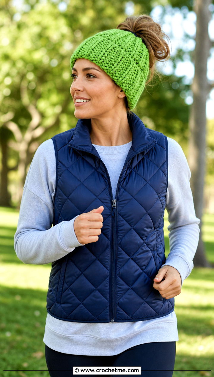 Softee Chunky Messy Bun Beanie With Quilted Vest and Leggings - 15 Softee Chunky Crochet Hat outfit ideas