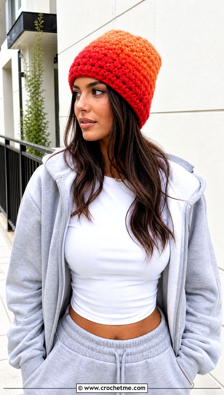Softee Chunky Ombre Beanie With Hoodie and Track Pants - 15 Softee Chunky Crochet Hat outfit ideas