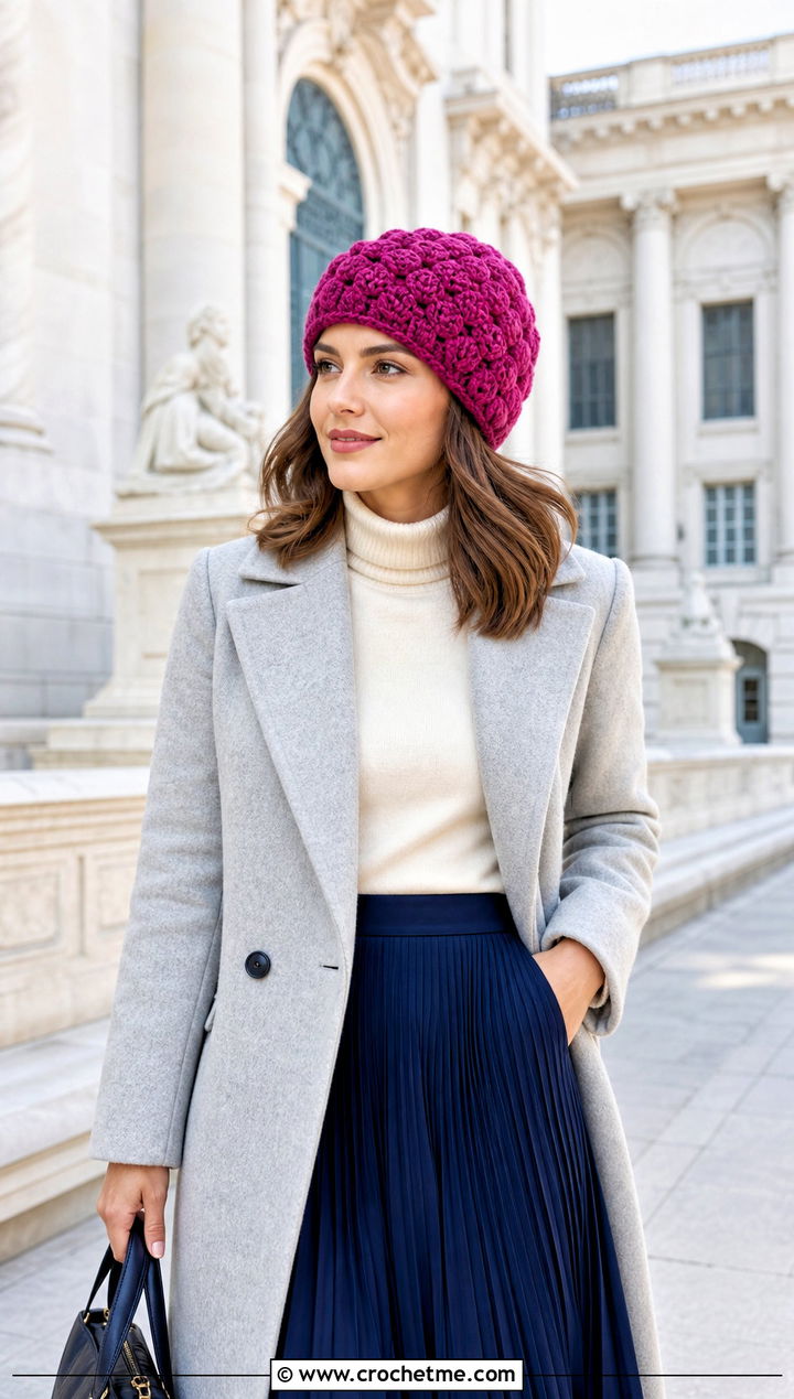 Softee Chunky Shell Stitch Beanie With Wool Coat and Pleated Skirt - 15 Softee Chunky Crochet Hat outfit ideas