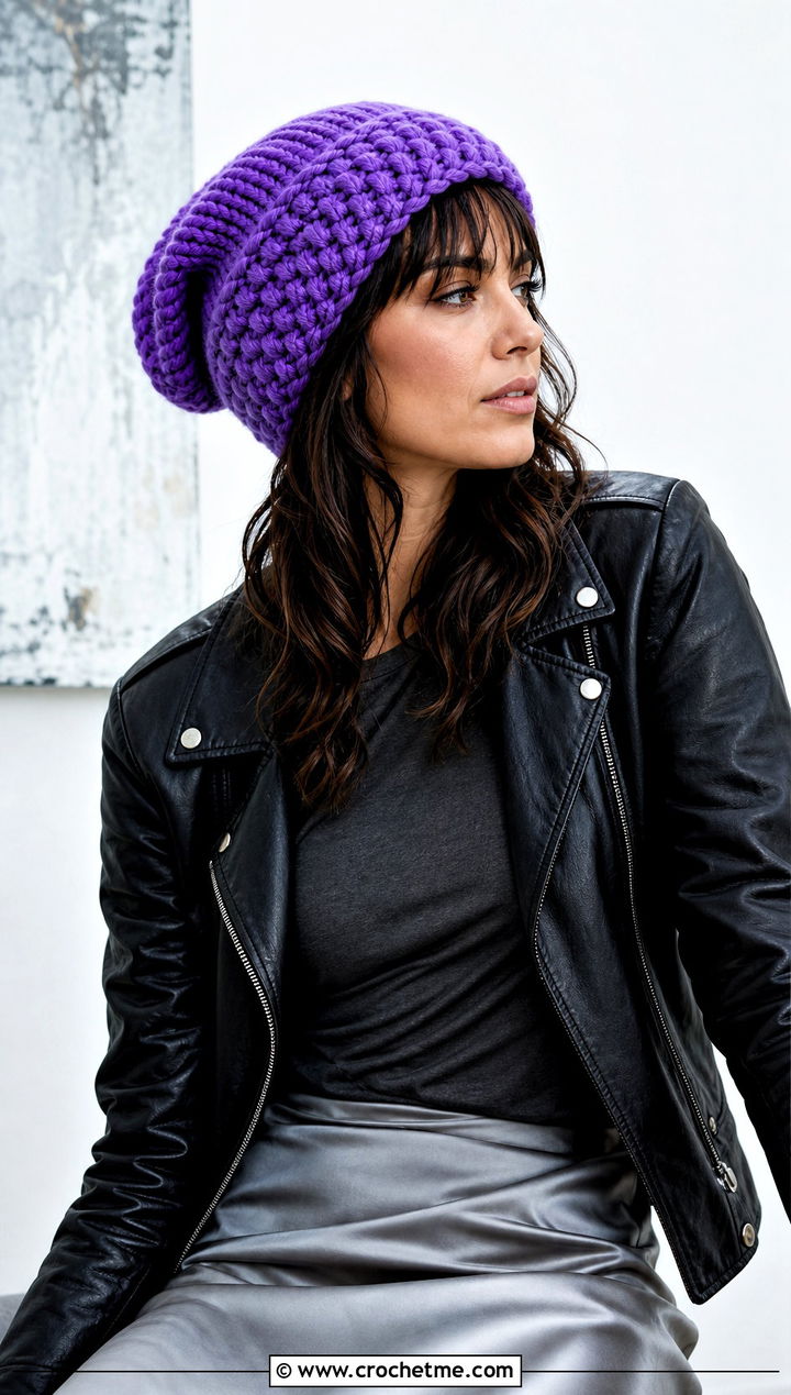 Softee Chunky Slouchy Beanie With Leather Jacket and Satin Midi Skirt - 15 Softee Chunky Crochet Hat outfit ideas