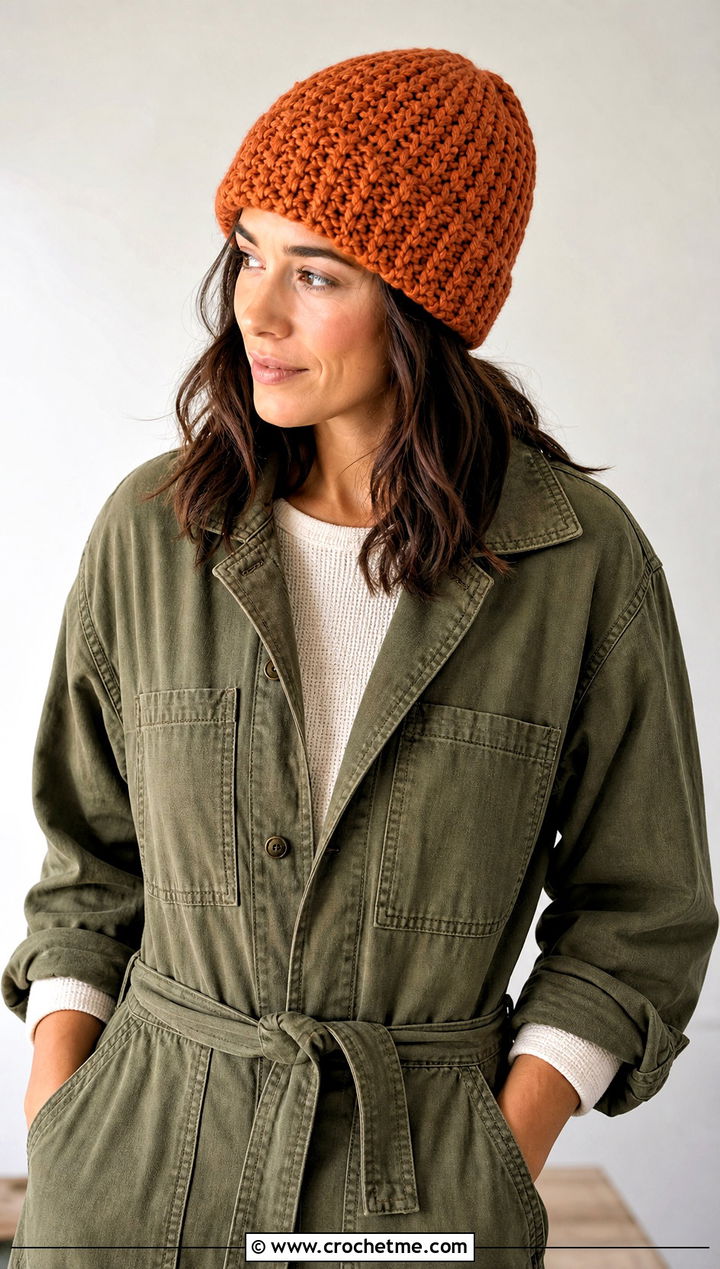 Softee Chunky Top Down Beanie With Utility Jumpsuit and Sneakers - 15 Softee Chunky Crochet Hat outfit ideas
