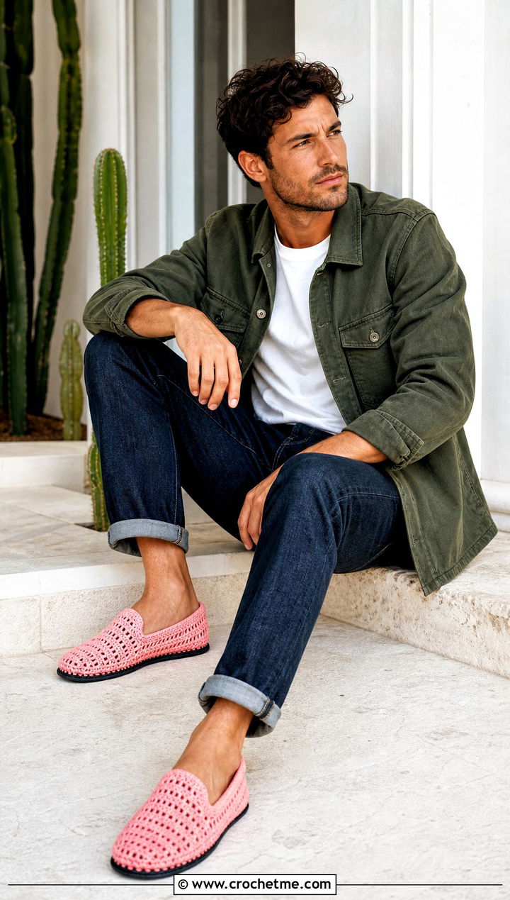 Sole Backed Crochet Mens Slippers With Shirt Jacket And Jeans - 15 Easy Crochet Mens Slippers outfit ideas