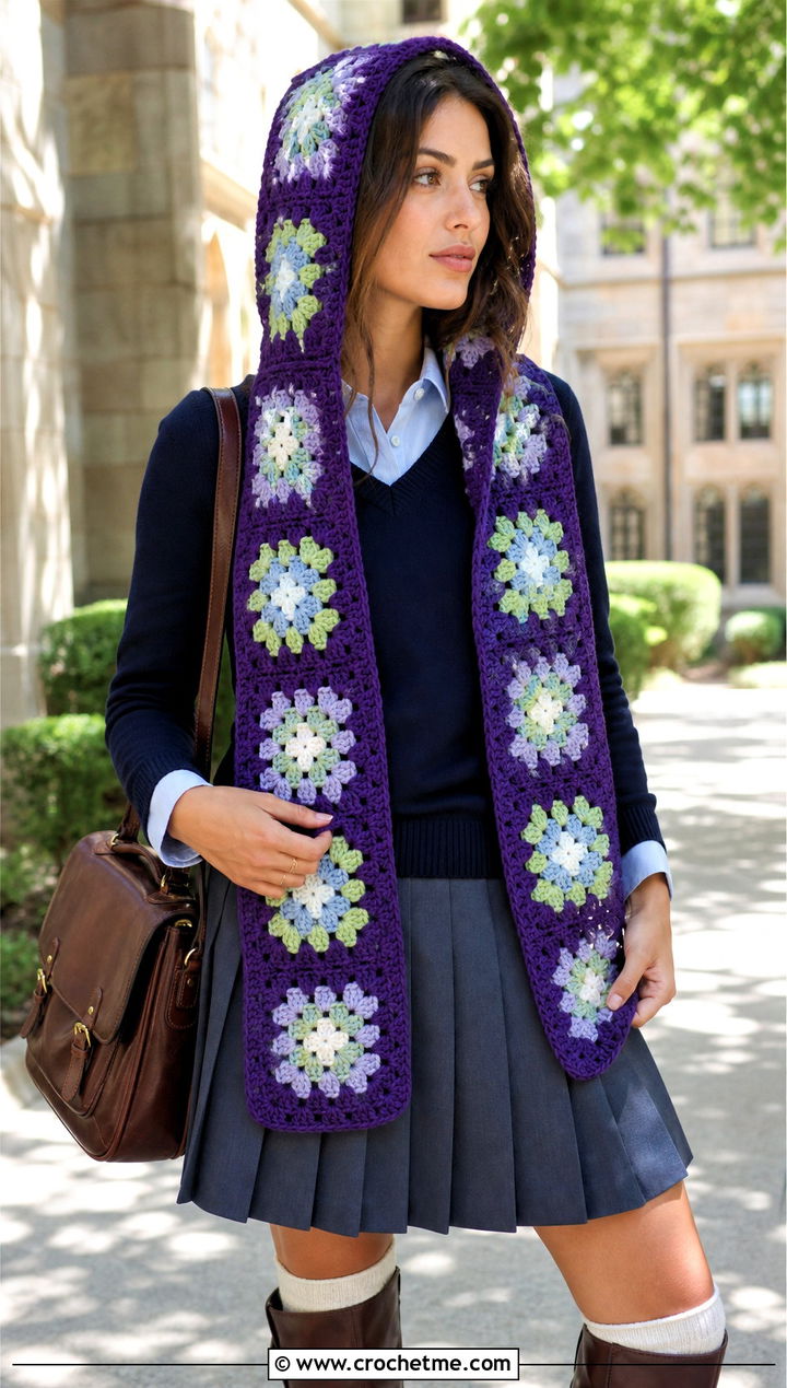 Solid Border Granny Square Crochet Hooded Scarf With Preppy Layers - 30 Granny Square Crochet Hooded Scarf outfit ideas